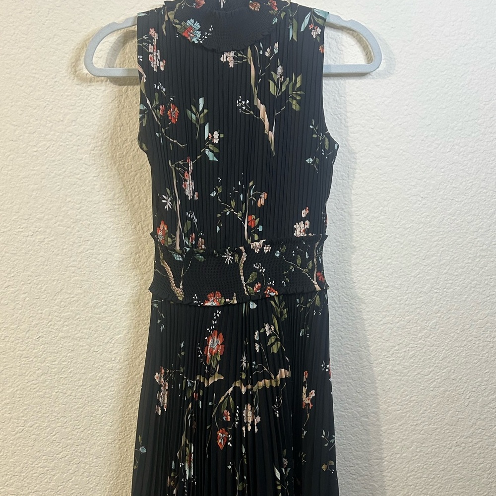 Nanette Lepore Pink Black Floral Sheath Pleated Midi Dress Halter Sleeveless 2